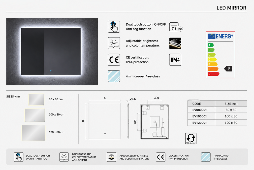 Kit mueble de baño VOLUM con lavabo + espejo LED + columna 140 cm + grifo monomando – Estepa – 80/100/120 cm
