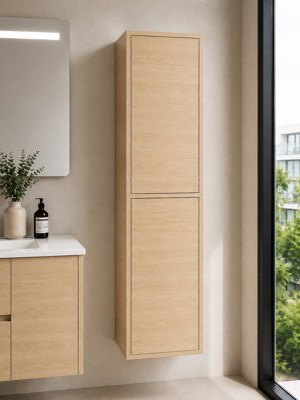 Kit mueble de baño VOLUM con lavabo + espejo LED + columna 140 cm + grifo monomando – Estepa – 80/100/120 cm