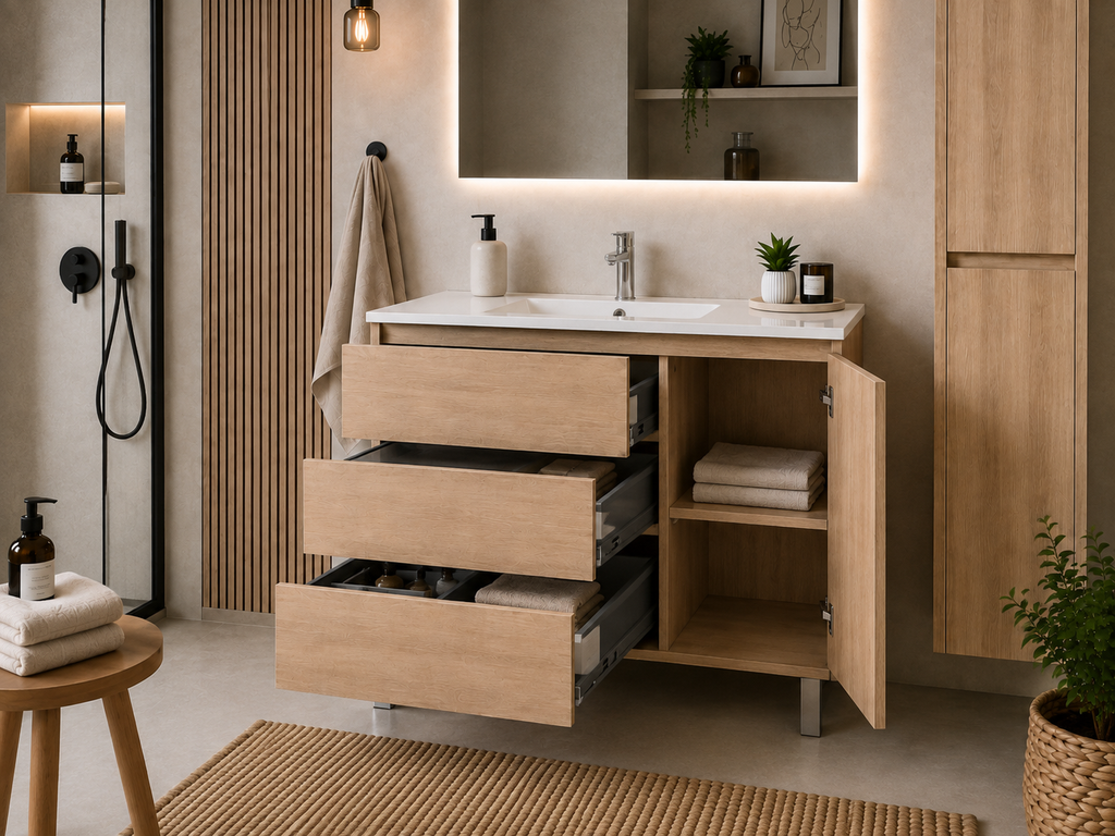 Kit mueble de baño VOLUM con lavabo + espejo LED + columna 140 cm + grifo monomando – Estepa – 80/100/120 cm