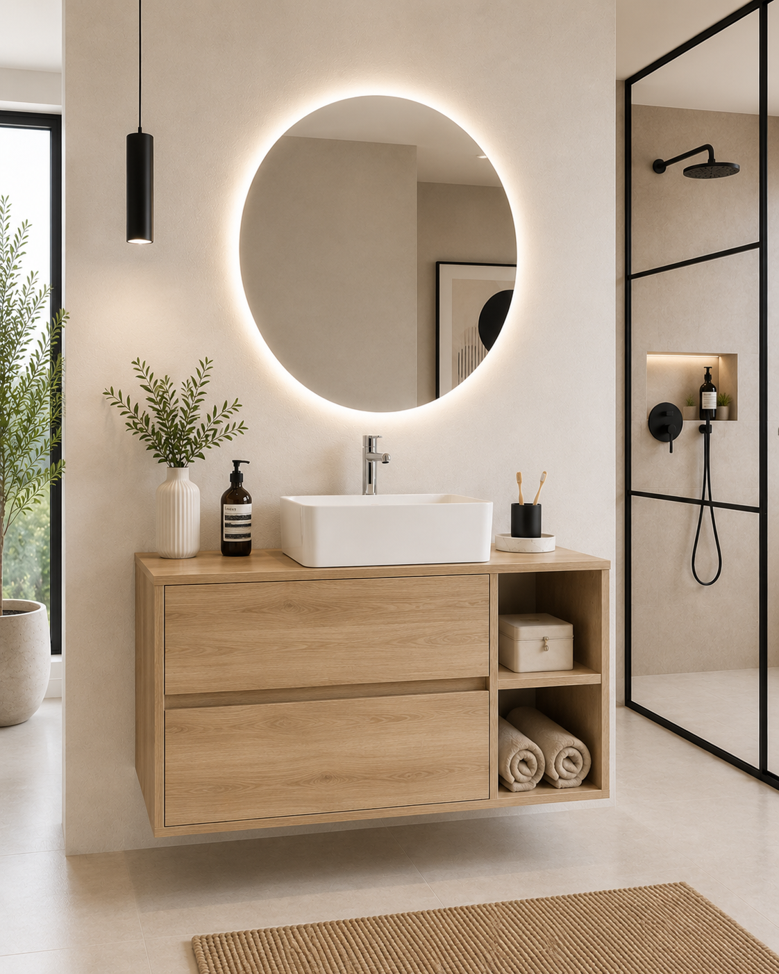 ZEUS bathroom cabinet with wooden countertop and vessel sink