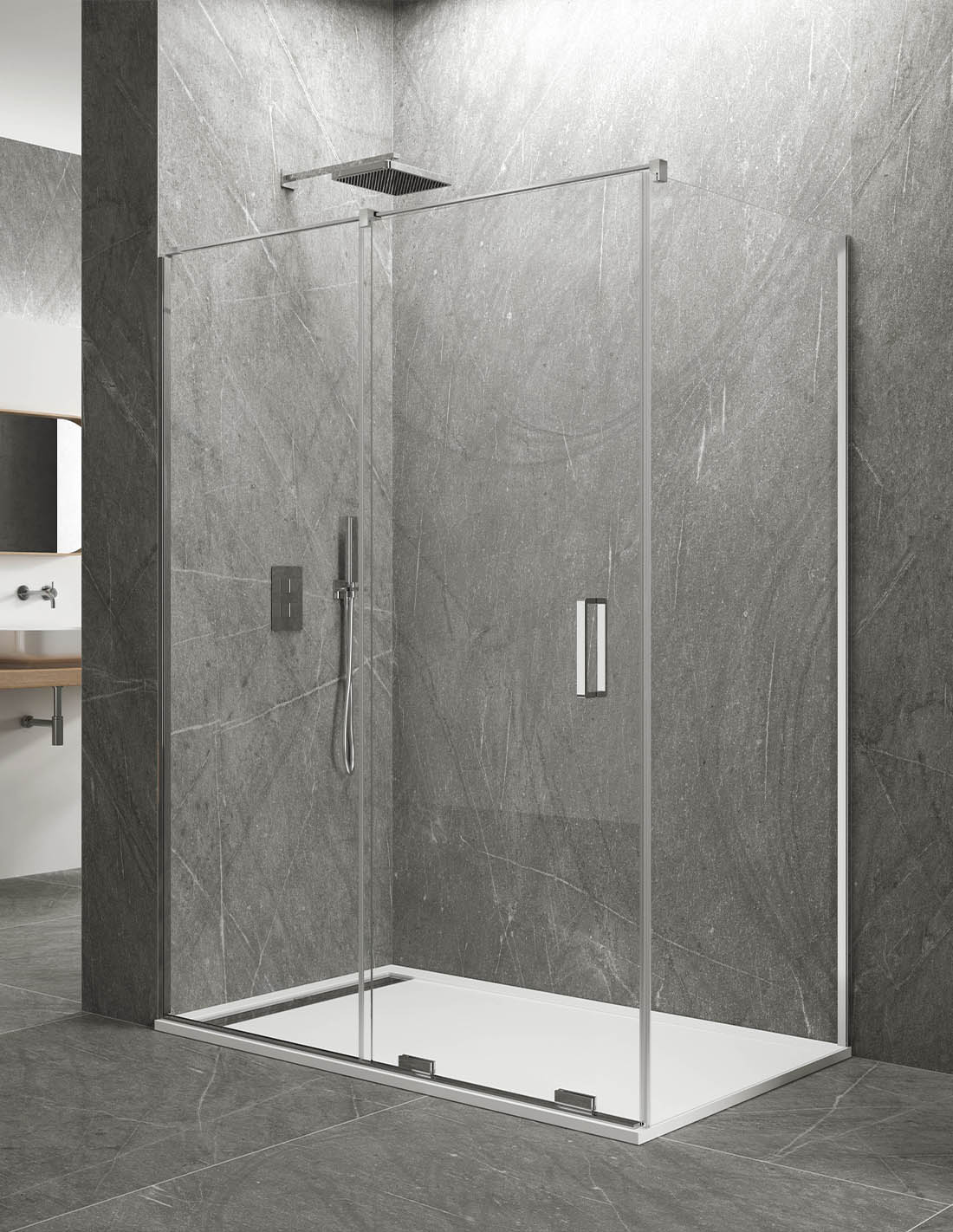 KERES 1+1 corner shower screen with fixed panel, no top or bottom profiles. 8mm glass
