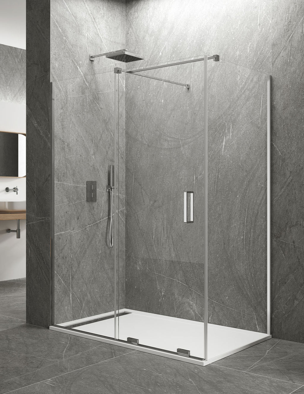 KERES 1+1 corner shower screen with fixed panel, no top or bottom profiles. 8mm glass