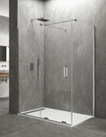 KERES 1+1 corner shower screen with fixed panel, no top or bottom profiles. 8mm glass