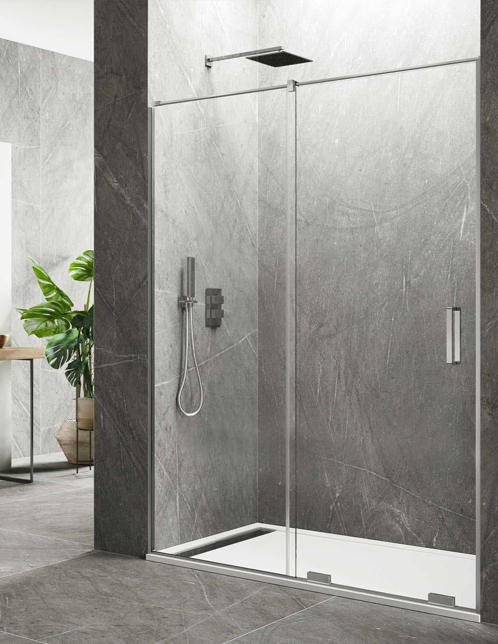 KERES 1+1 front shower screen with no bottom or top profiles. 8mm glass