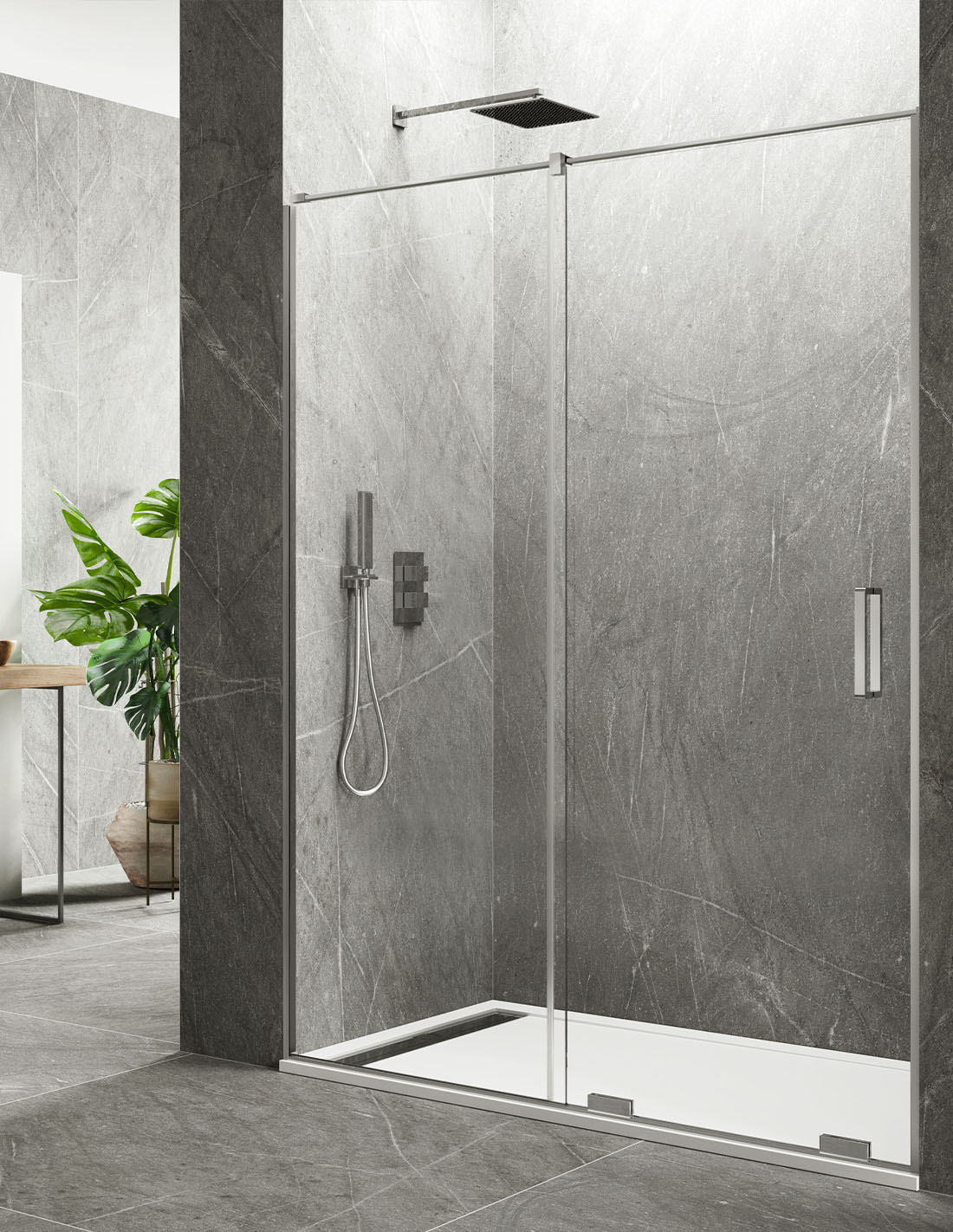 KERES 1+1 front shower screen with no bottom or top profiles. 8mm glass