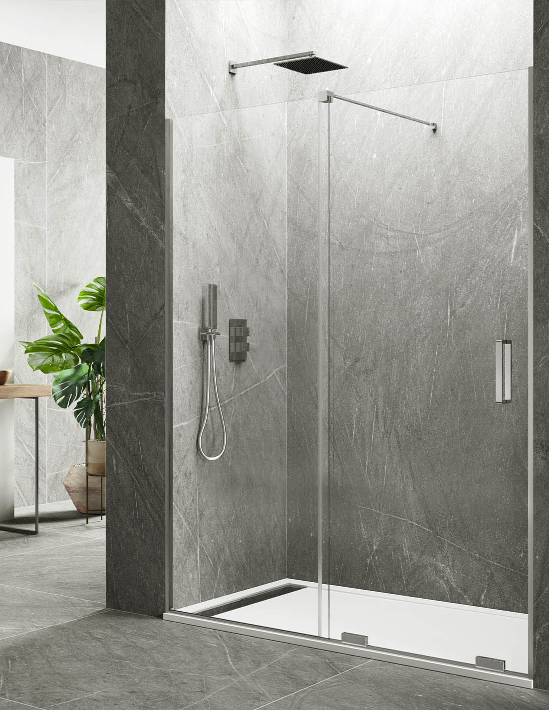 KERES 1+1 front shower screen with no bottom or top profiles. 8mm glass