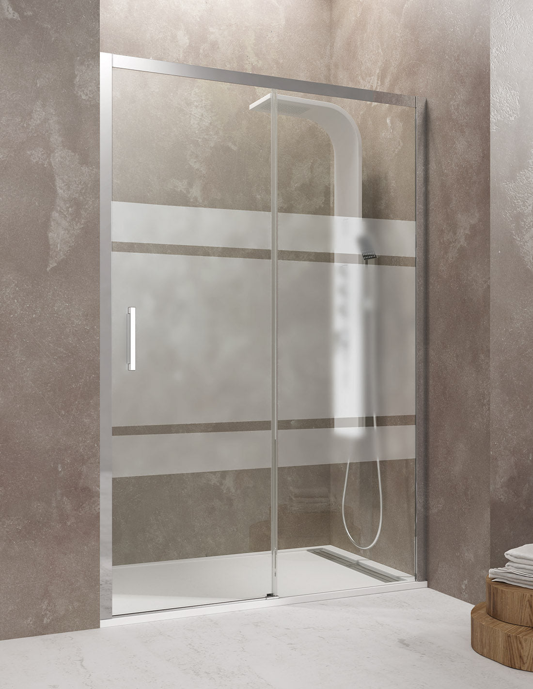 CEOS 1+1 frameless shower screen, available in clear and frosted glass