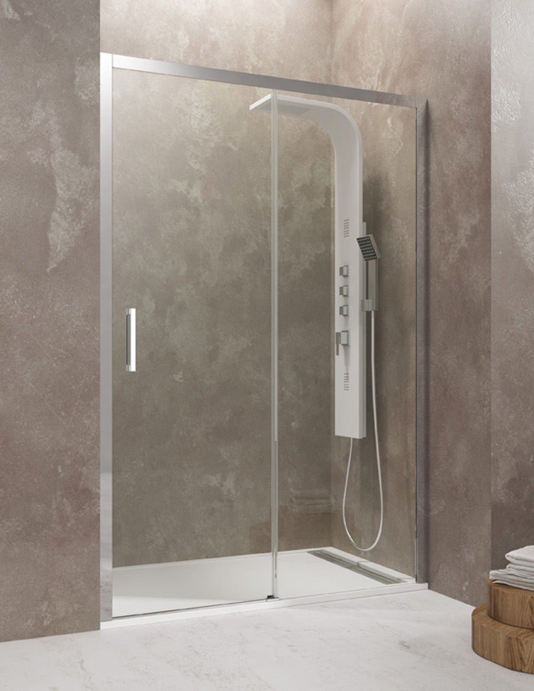 CEOS 1+1 frameless shower screen, available in clear and frosted glass