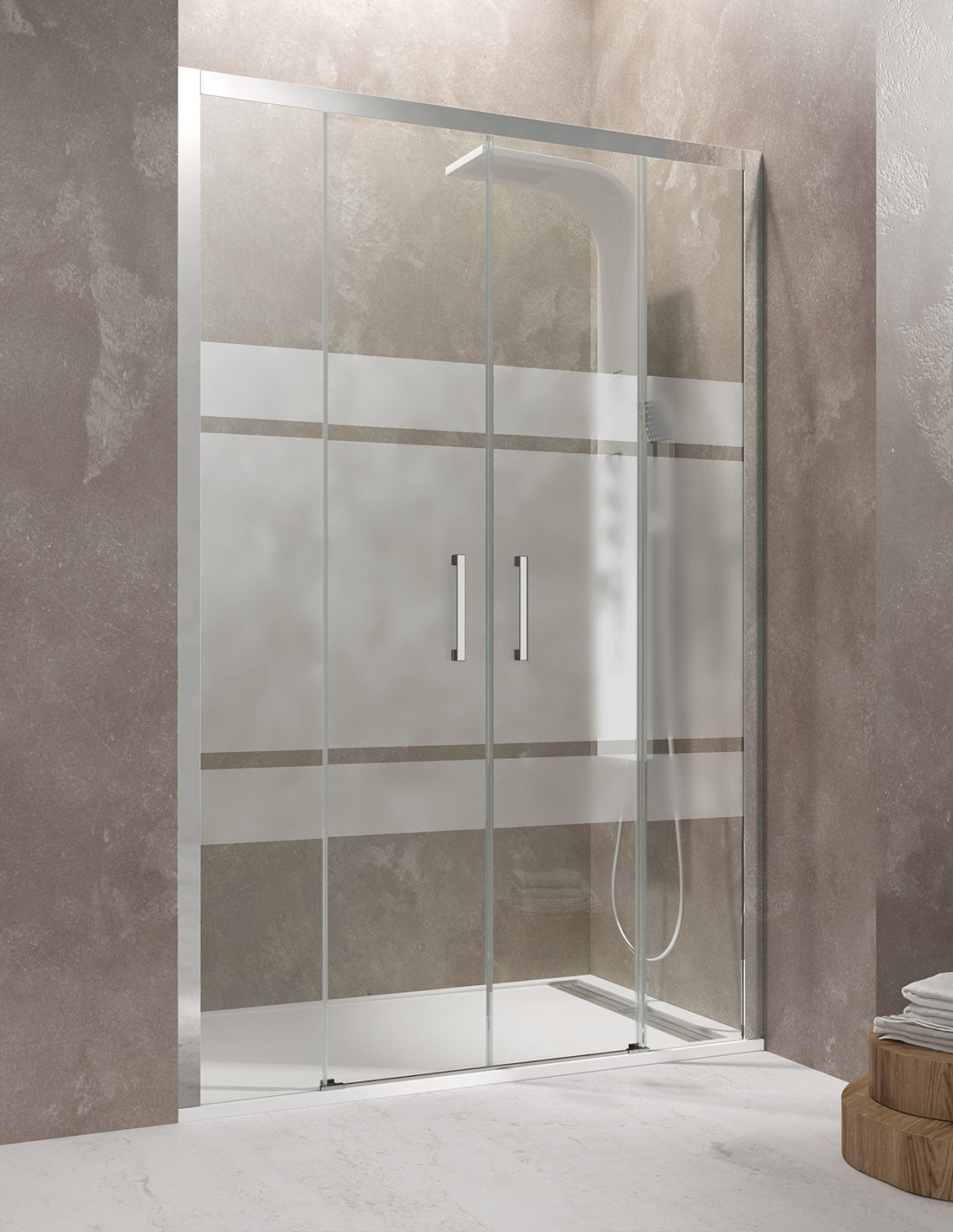 CEOS 2+2 frontal shower screen without bottom profile, available in clear and silk-screened glass