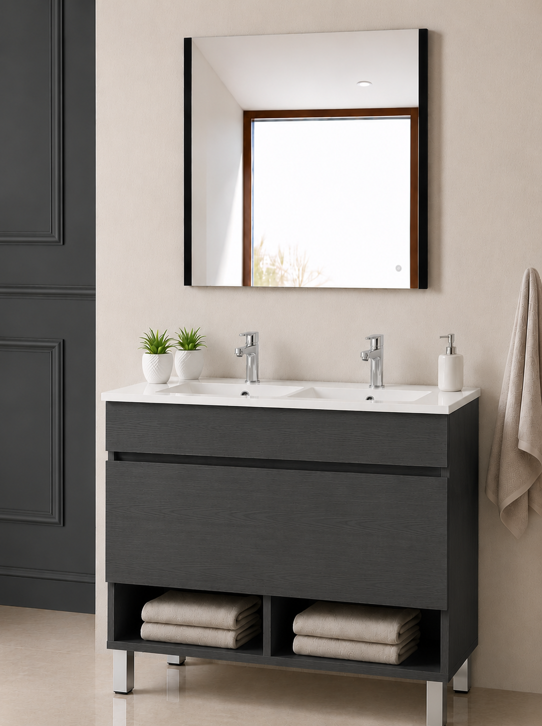 NEBARI bathroom vanity with legs, drawer, and ultra-slim basin