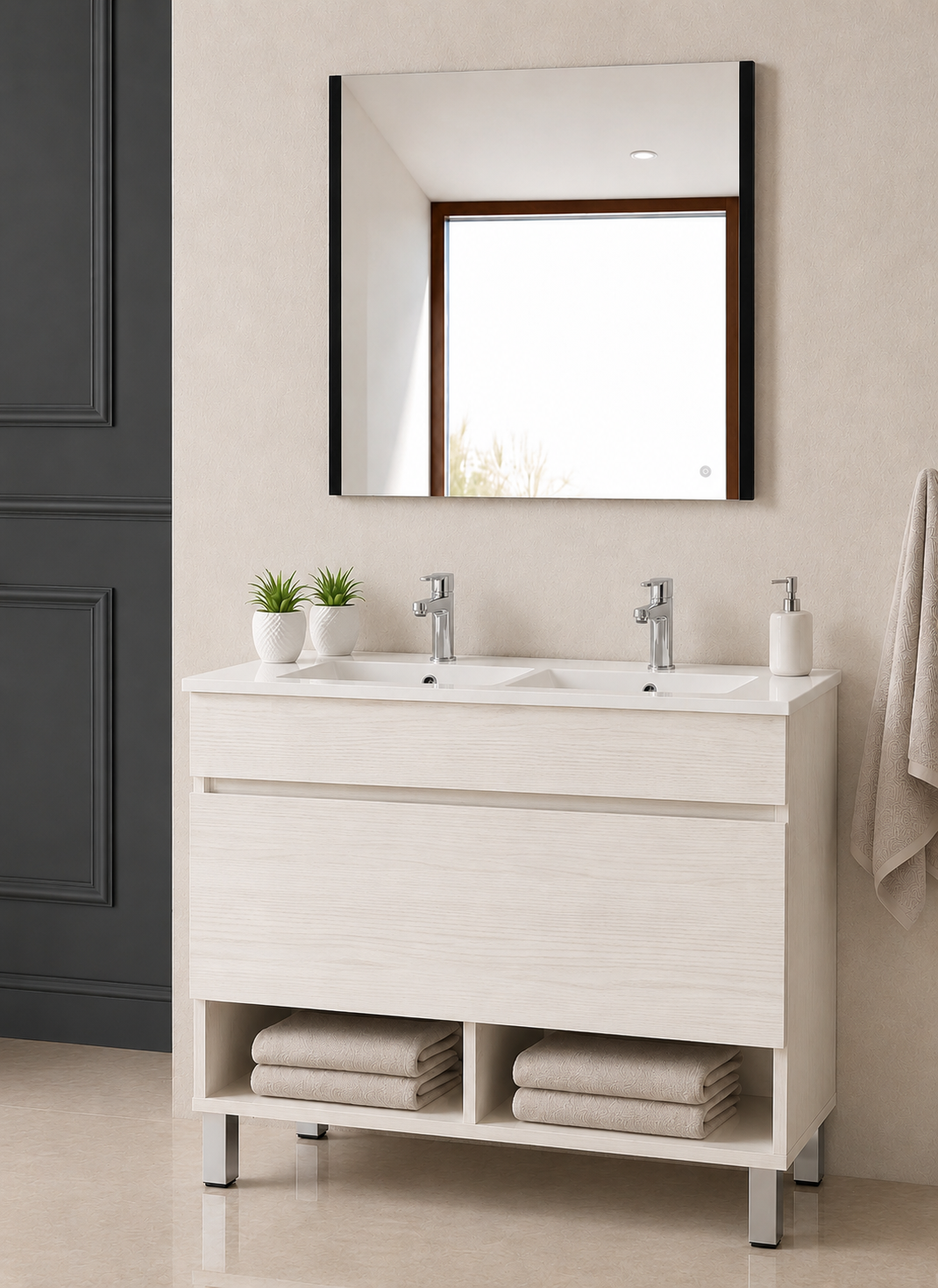 NEBARI bathroom vanity with legs, drawer, and ultra-slim basin