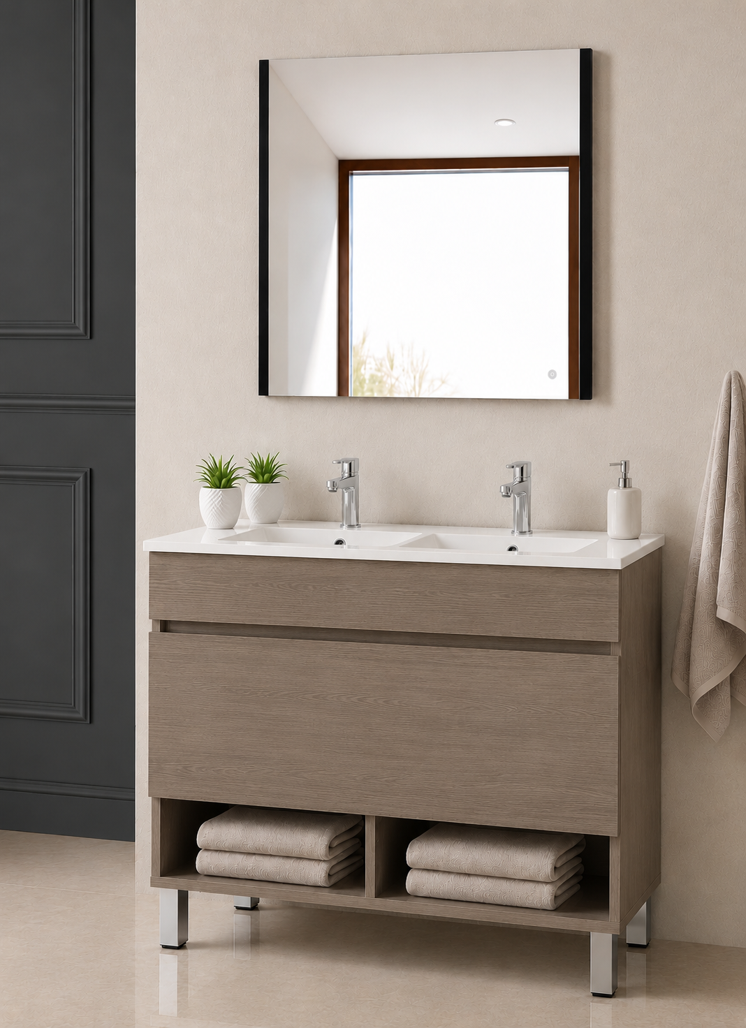NEBARI bathroom vanity with legs, drawer, and ultra-slim basin