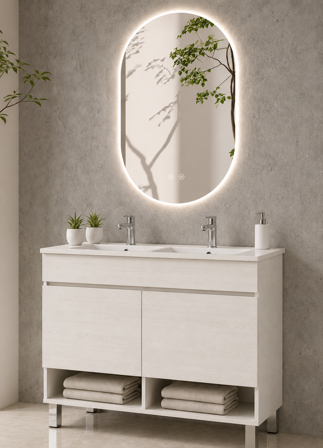 Bathroom cabinet with NEBARI legs with doors and extra-flat basin