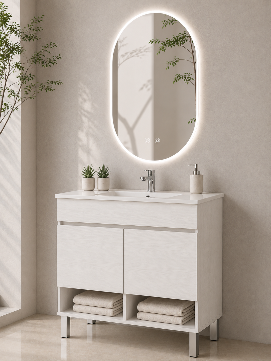 Bathroom cabinet with NEBARI legs with doors and extra-flat basin