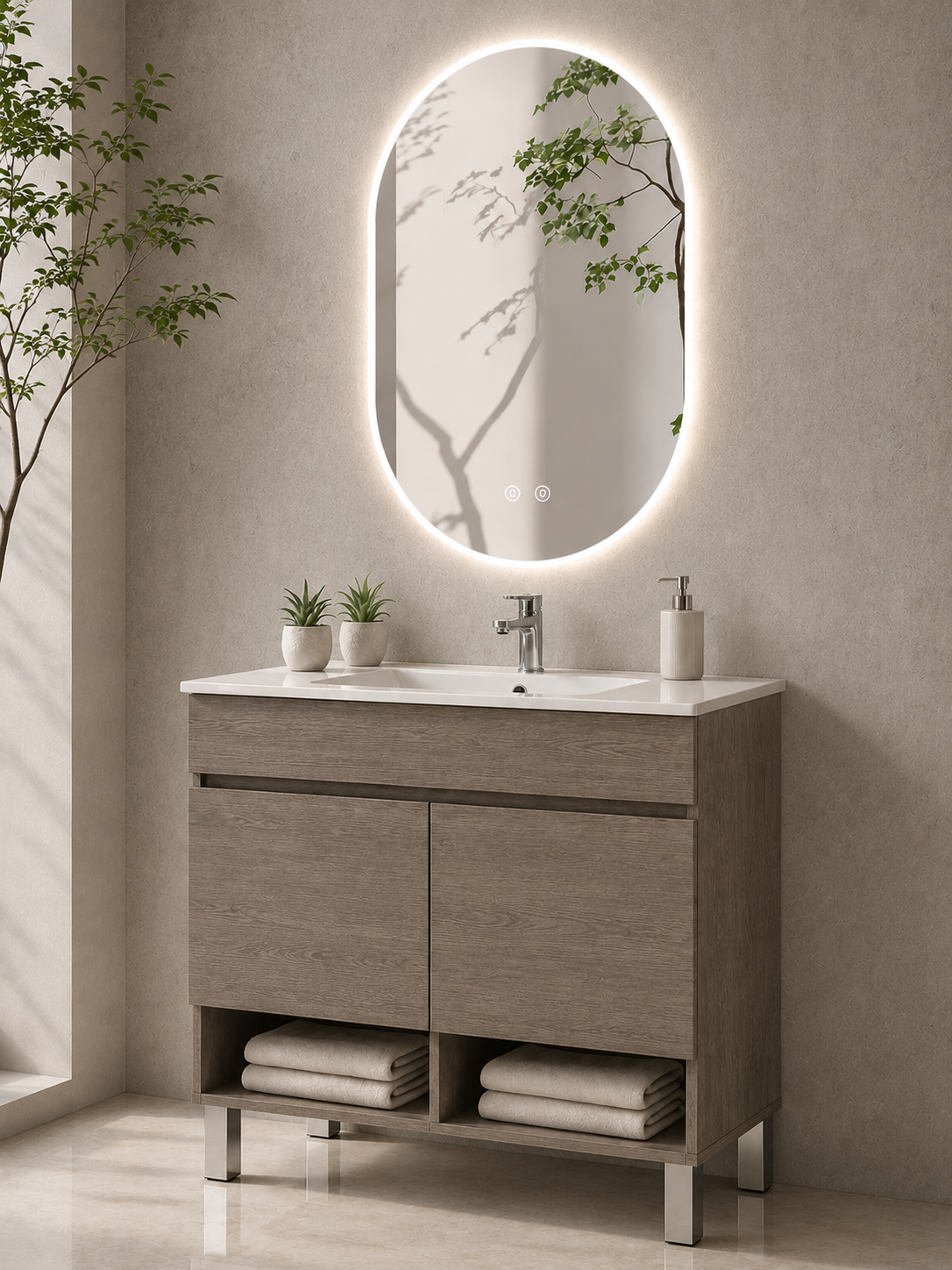 Bathroom cabinet with NEBARI legs with doors and extra-flat basin