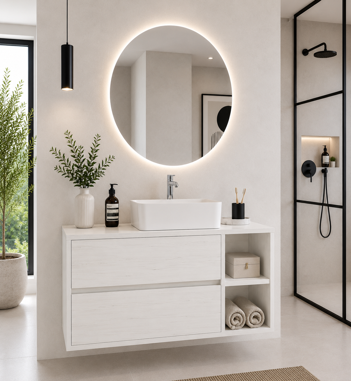 ZEUS bathroom cabinet with wooden countertop and vessel sink
