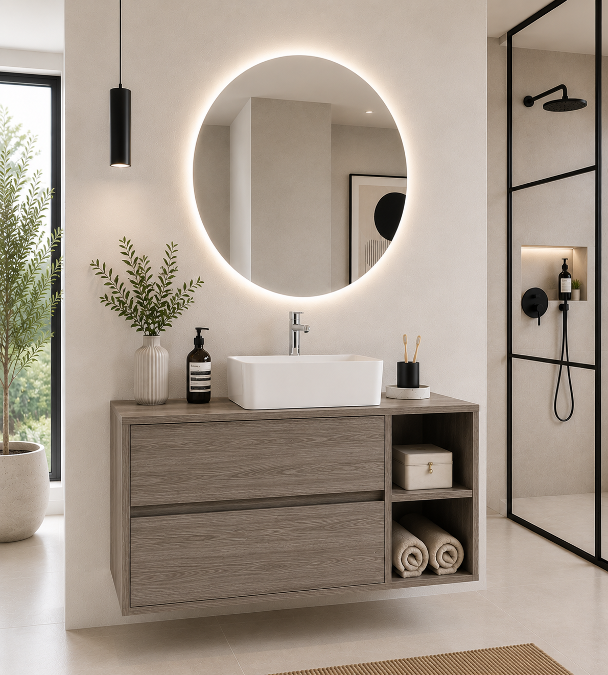 ZEUS bathroom cabinet with wooden countertop and vessel sink