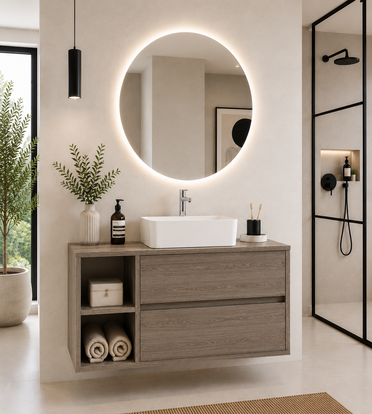 ZEUS bathroom cabinet with wooden countertop and vessel sink