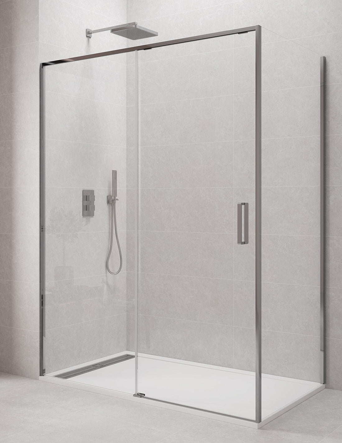CETUS 1+1 Corner Shower Screen with Fixed Side Panel, without bottom profiles, in Chrome or Black.