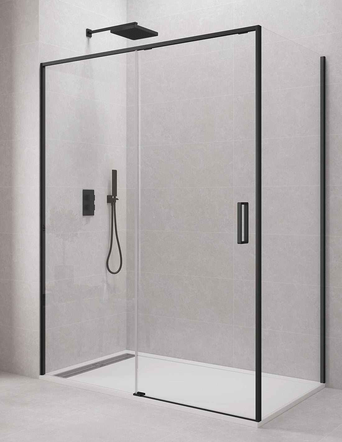CETUS 1+1 Corner Shower Screen with Fixed Side Panel, without bottom profiles, in Chrome or Black.