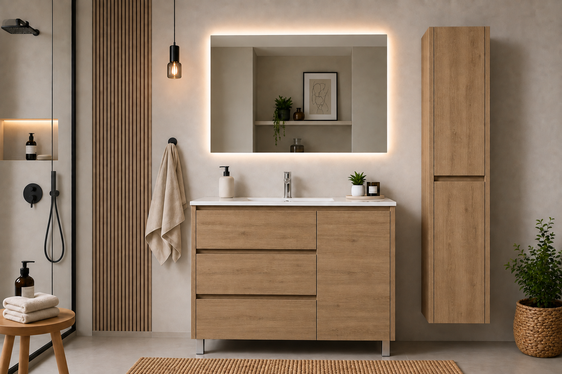 VOLUM Bathroom Furniture Set with Sink + LED Mirror + 140 cm Tall Unit + Mixer Tap – Estepa – 80/100/120 cm