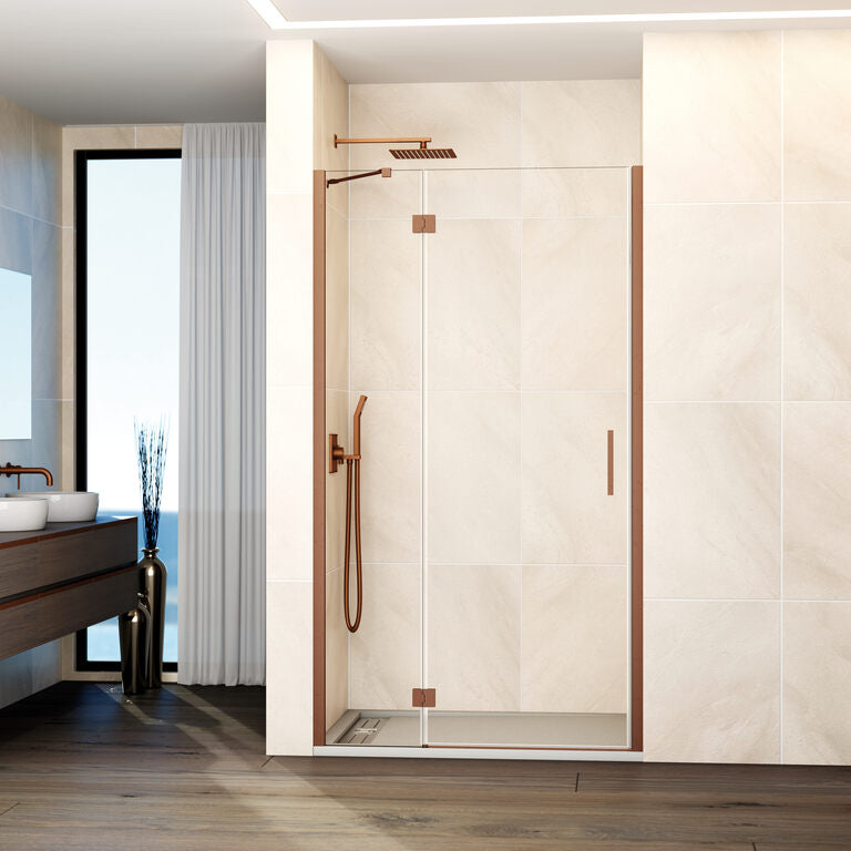 Mampara frontal abatible fijo+puerta c/cierre perfil GLASS - Cobre