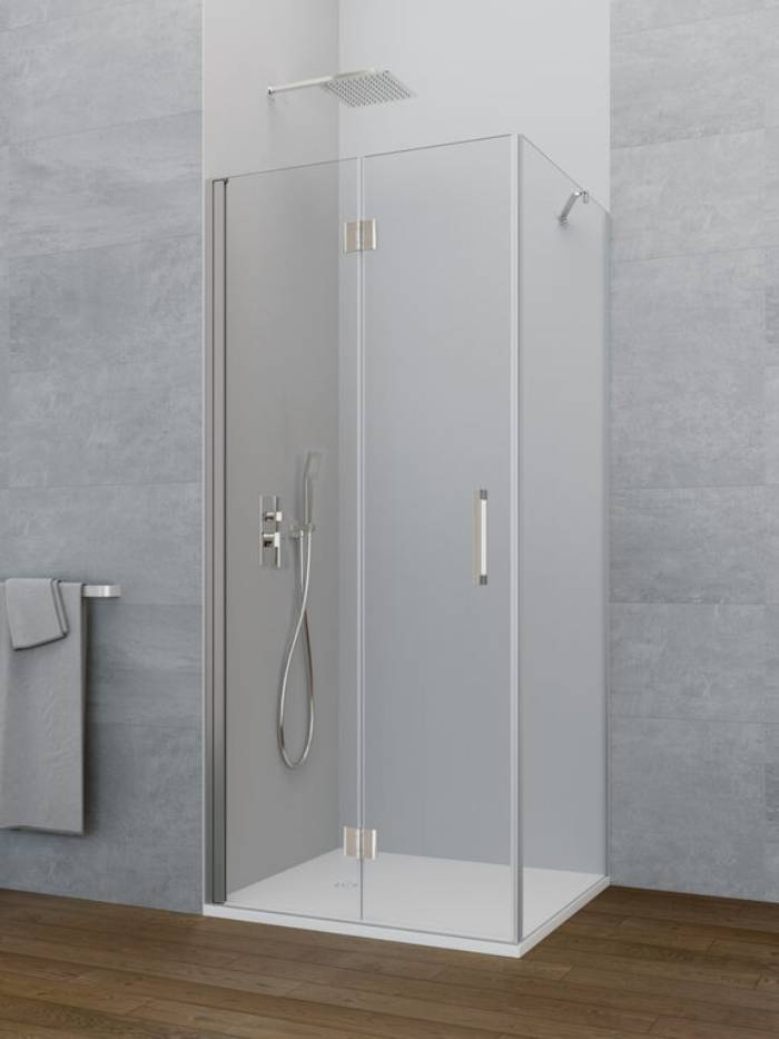 Folding corner shower screen + fixed glass panel