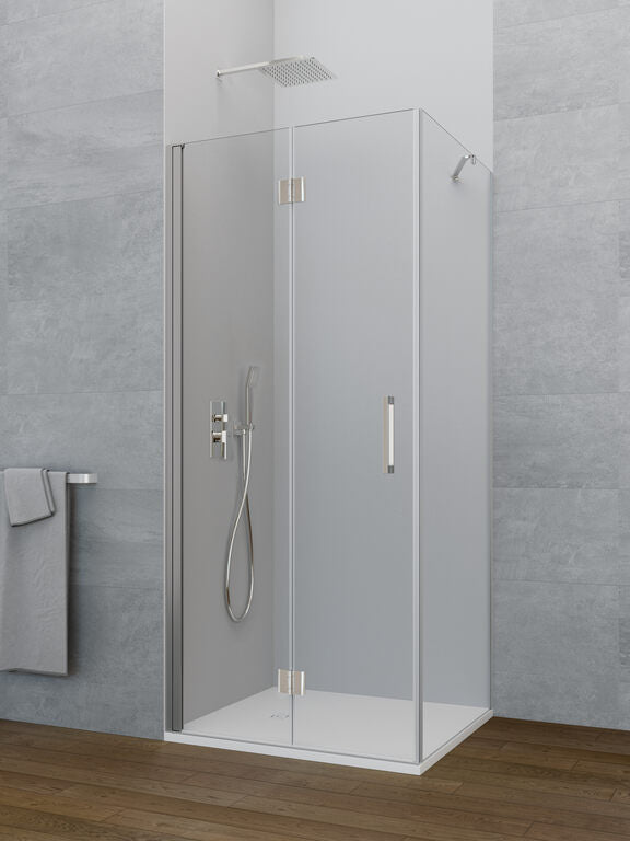 Mampara angular plegable + lateral fijo  GLASS - Cromo
