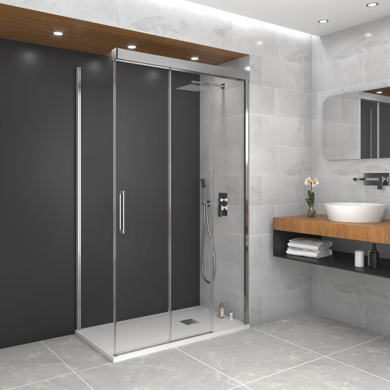 Angular shower screen with fixed panel + 2 sliding doors and fixed side panel TRIO