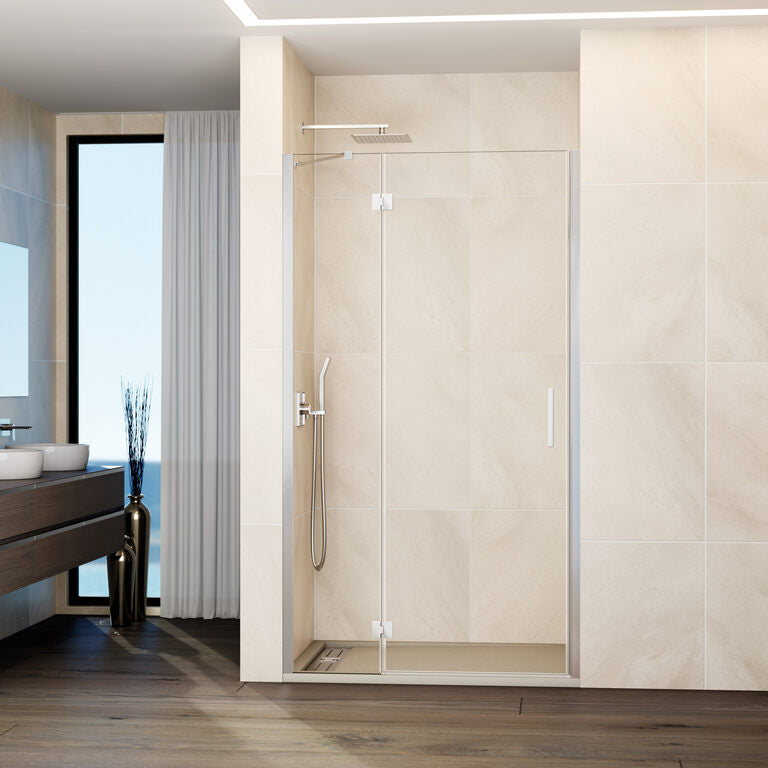Mampara frontal abatible fijo+puerta c/cierre perfil GLASS - Cromo