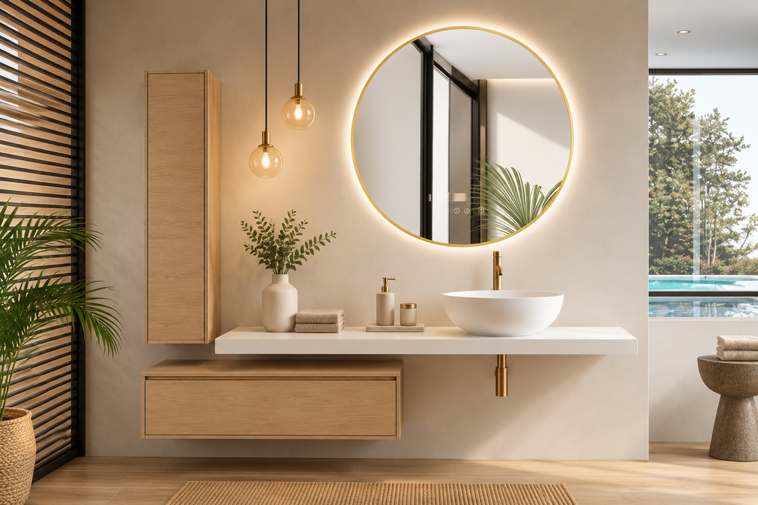 Steppe-colored bathroom furniture consisting of a 120 cm countertop + 60 cm module + 120x35 column + MALLORCA bowl sink