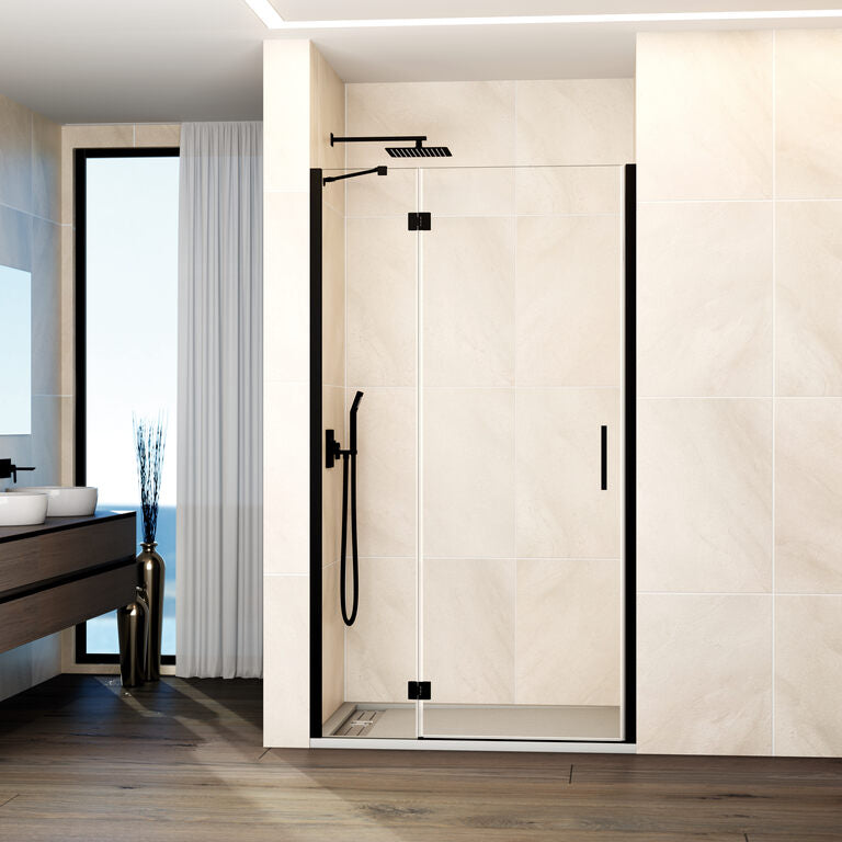 Mampara frontal abatible fijo+puerta c/cierre perfil GLASS - Negro