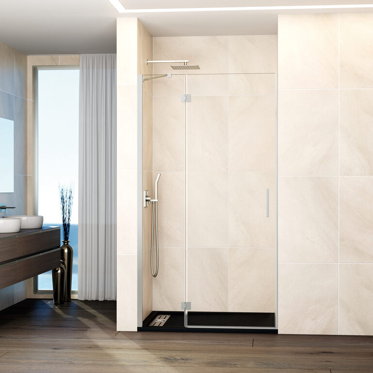 Mampara frontal abatible fijo+puerta c/cierre a imán GLASS - Níquel